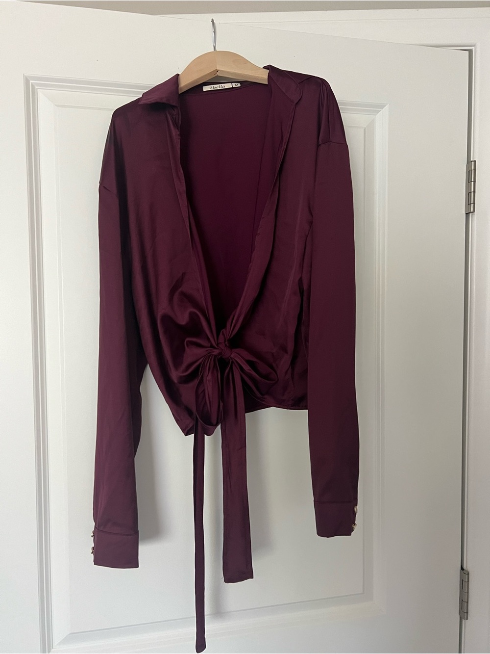 Tie-Front Satin Blouse in Burgundy